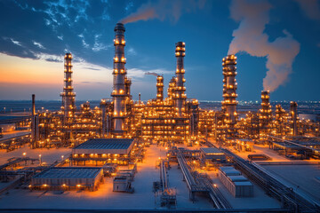 Fototapeta premium Oil refinery emitting orange light against a darkening sky at dusk, with silhouetted machinery and pipes visible.