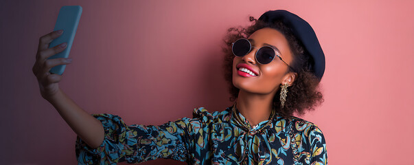 Young black woman wearing stylish sunglasses and a colorful floral blouse smiles brightly while taking a selfie in sunlight beside a pastel building with textured walls