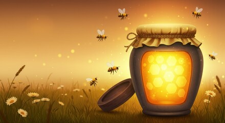 Magical Honey Jar in a Golden Meadow Sunset: Bees and Honeycomb Glow