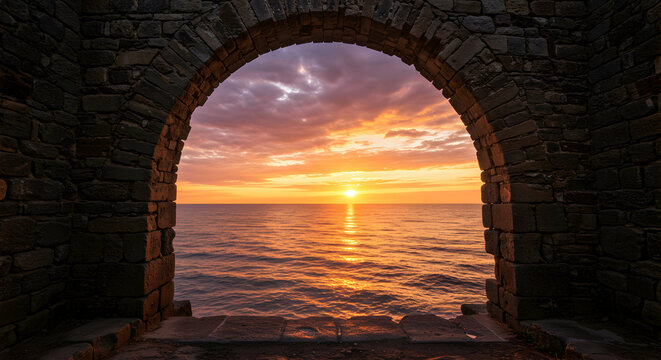 Dramatic Sunset Through Ancient Stone Archway Over Ocean