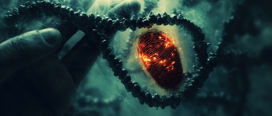 Magical illustration with DNA and fingerprint symbolizing science and technology, suitable for scientific publications, technology blogs and educational materials.