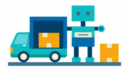 Naklejka premium Loading Dock Robot A robot with a builtin ramp loading large packages into a delivery truck demonstrating its functionality in the loading process.