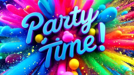 Colorful 3D explosion of bright paint with bold text “Party Time” on dark background. Concept of festive celebration, creative invitation, and modern event promo. - Powered by Adobe