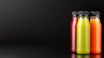 Fototapeta premium Three vibrant juice bottles in a sleek black setting, showcasing colorful beverages for refreshment