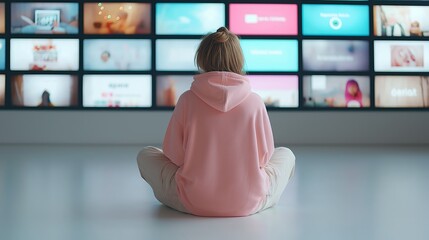 A person in a pink hoodie sits on the floor facing a wall of digital screens, representing modern media overload and digital fatigue. The minimalistic setting emphasizes the emotional disconnect 