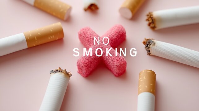 Conceptual no smoking image featuring broken cigarettes encircling a pink foam cross with bold “NO SMOKING” text. Designed to promote tobacco awareness and healthy living through vibrant
