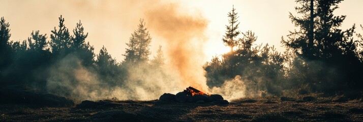 Campfire warmth rises into the silhouette of pine-covered hills during a tranquil evening in nature