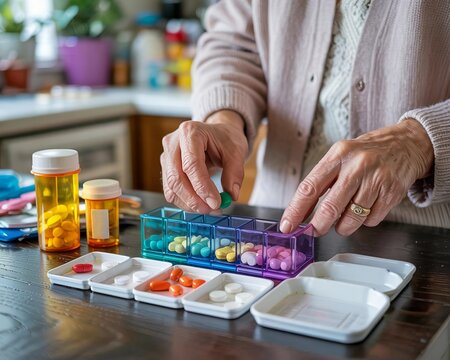 Organizing daily medication in colorful pill organizers at home during daylight