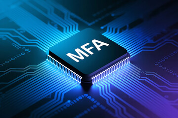 MFA Technology – Multi-Factor Authentication Chip on a Futuristic Blue Circuit Board, cloud computing concept, cloud technology, Saas, Paas, Iaas. AWS Service, OTP security, secure login	