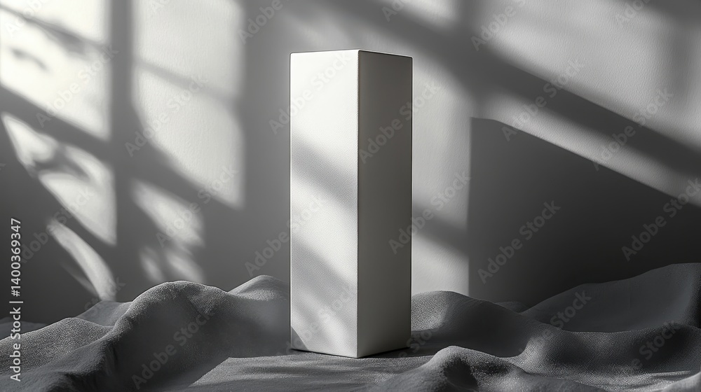 Poster Minimalist white object casting shadows on a textured surface in soft natural light, highlighting simple beauty and elegance in an indoor setting