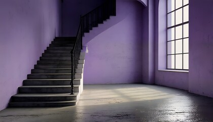 a softly lit, purple room features a dark staircase leading upwards and a tall window casting patterned shadows across the polished floor.