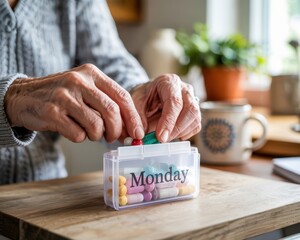 Elderly person organizing weekly medication in clear container at home on a sunny day