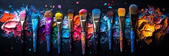 Flat lay of various paintbrushes, tubes of paint, and a color palette arranged on a splattered canvas, natural daylight illuminating the scene.