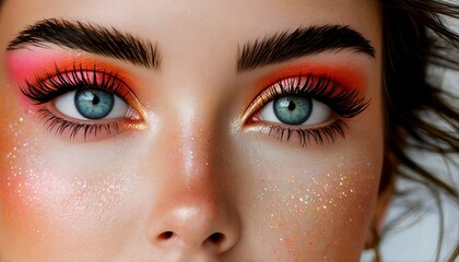 Obraz premium a striking close-up showcases captivating blue eyes enhanced with vibrant orange eyeshadow and long, dramatic lashes, all set against a subtly glittering complexion.
