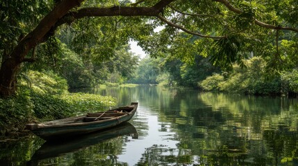 A serene river flows gently through a dense forest, with vibrant green foliage reflecting on the surface. A rustic wooden boat is anchored, creating a peaceful atmosphere under the midday sun