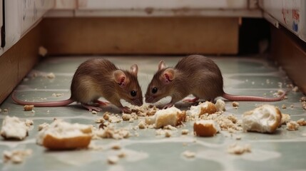 Two small mice are foraging on a kitchen floor scattered with crumbs. They appear focused on their meal, enjoying the food in a warm, inviting home setting