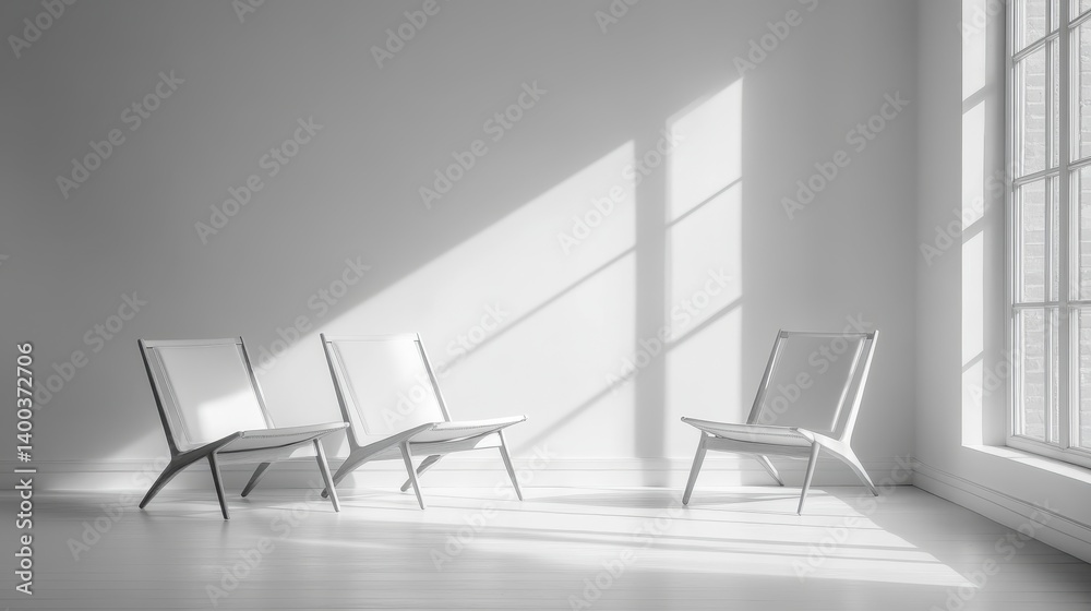 Poster Modern minimalist lounge area with two sleek chairs and natural light creating shadows on a concrete wall in a spacious setting