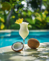 Pina Colada cocktail on the beach with coconut and exotic flower. High quality photo
