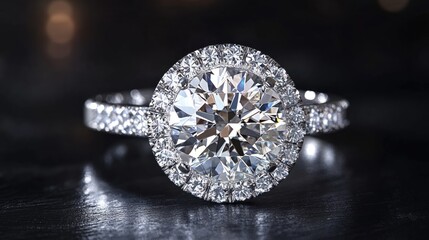 Fototapeta premium A stunning diamond ring is suspended in mid-air, radiating intricate details and unparalleled sparkle, highlighting its luxurious design and beauty