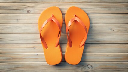 Fototapeta premium Minimalist Orange Flip Flops on Wood - Summer Beach Vacation Stock Photo