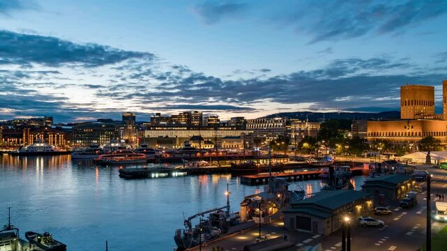 High-Quality Night Timelapse of Aker Brygge in Oslo