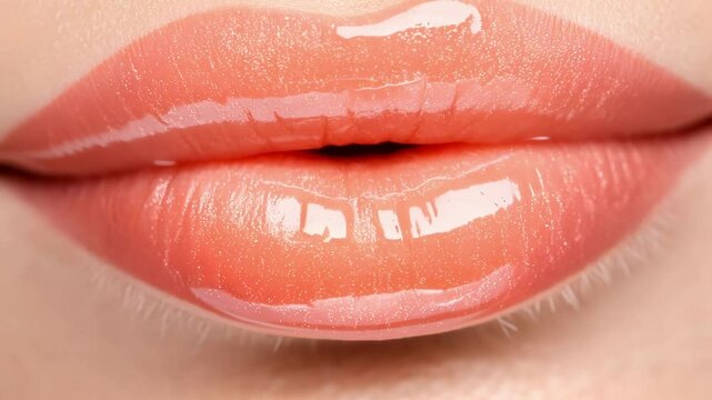Plump, shiny lips slightly parted, revealing the effects of lip augmentation with glossy, shimmering lip gloss, exemplifying the art of enhancing natural beauty