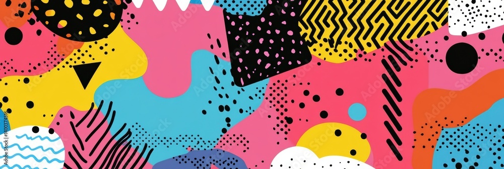 Poster colorful memphis style abstract shapes with zigzags, squiggles, and dots create a vibrant design per