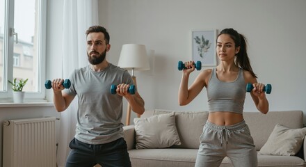 Couple exercising with dumbbells in a home setting  