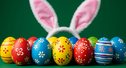 Happy spring holiday illustration of a colorful easter bunny with painted eggs in green grass, a joyful symbol of the April season and Easter celebration