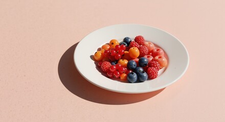 Colorful Fresh Fruits on a White Plate Against a Pink Background  