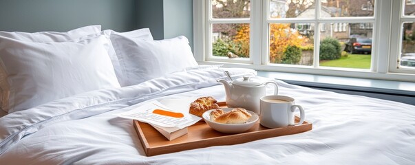 Enjoying breakfast in bed cozy bedroom food photography relaxing home environment morning view comfort concept