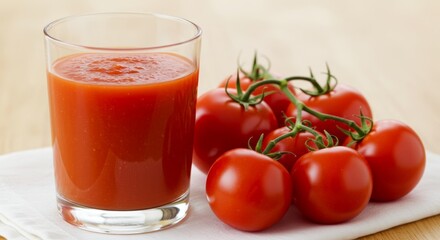 Vibrant tomato juice still life featuring a glass and fresh vine tomatoes arrangement