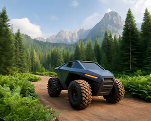 Fototapeta premium Futuristic off-road vehicle on mountain trail