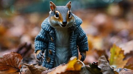 Adorable Squirrel in a Blue Coat Amidst Autumn Leaves