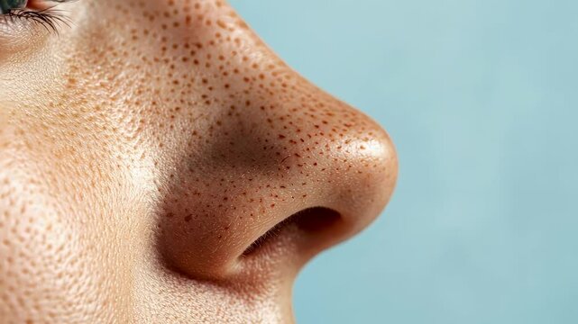 Skin treatment process revealing blackhead removal on woman's nose, demonstrating deep cleansing procedure with before and after stages against light blue background