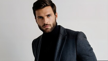 Obraz premium a handsome man with a beard and piercing blue eyes poses in a dark suit against a neutral backdrop.
