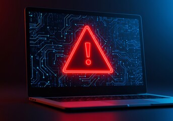 Laptop with a red alert warning sign indicating cyber threat