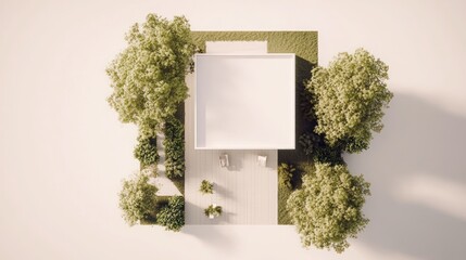Fototapeta premium Aerial view of a modern house with a flat roof surrounded by lush green trees and a patio.