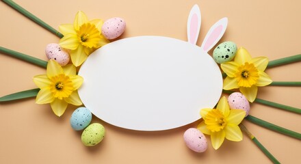 Festive springtime display featuring an egg-shaped frame surrounded by daffodils