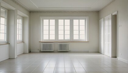 a softly lit, empty room features pale green walls, tiled flooring, and large windows with white frames and radiators beneath.