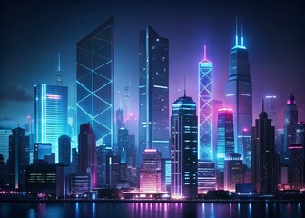Minimalist Futuristic Hong Kong Cityscape: Abstract Neon Lights & Skyline