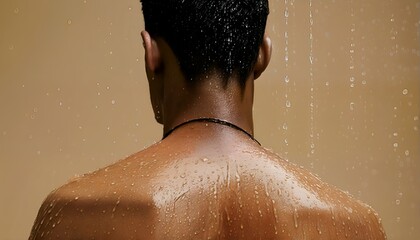 a close-up view of a dark-skinned man's wet back and neck under a shower with water droplets cascading around him.