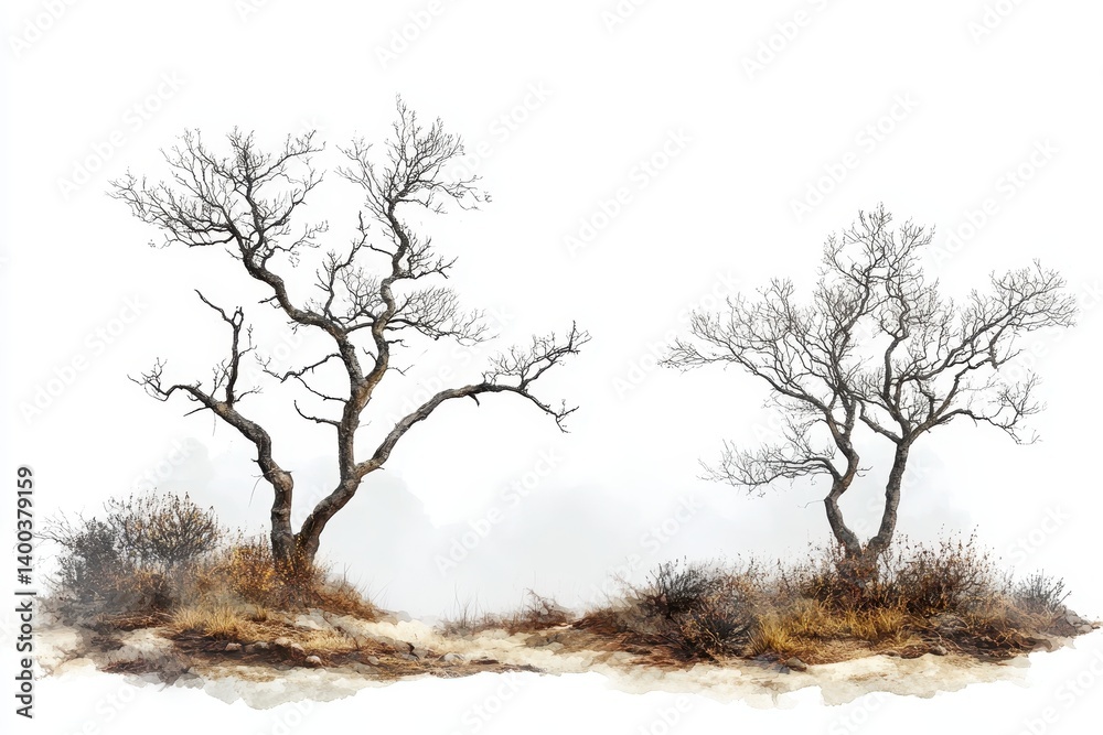Poster Lush green trees amidst misty landscape creating a serene atmosphere in a tranquil forest setting