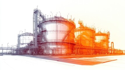 Detailed illustration displays multiple oil storage tanks within an industrial plant, emphasizing structure on a clean white background