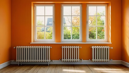 Fototapeta premium a bright orange room features three large windows overlooking lush autumn foliage and is warmed by white radiators beneath them, all set against a warm wooden floor.