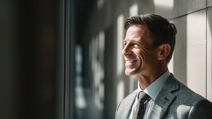 Smiling Executive in Corporate Hallway with Natural Light