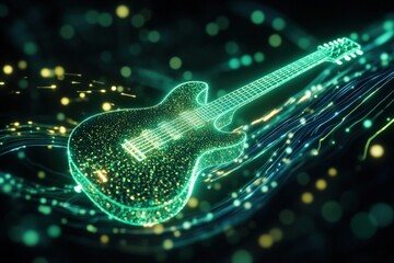 Electric guitar rendered in glowing particles and cyber lines, representing futuristic music, sound technology, and digital creativity.
 - obrazy, fototapety, plakaty