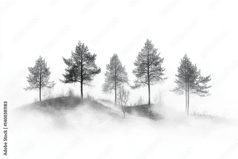 Poster Lush green trees amidst misty landscape creating a serene atmosphere in a tranquil forest setting