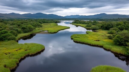 Wide view of peaceful river flowing through green countryside with lush riverbanks and cloudy horizon illustrating fluidity connection and rural geographic calm