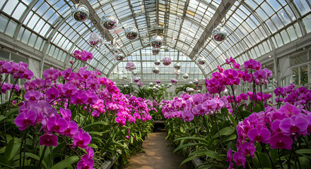 Pink Orchid Display In A Greenhouse